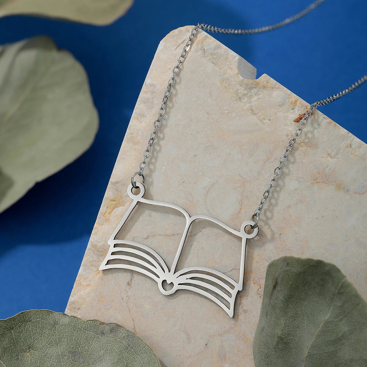 Kinitial Reading Lover Books Pendant Necklace For Women Stainless Steel Bookworm Stud lifestyle view