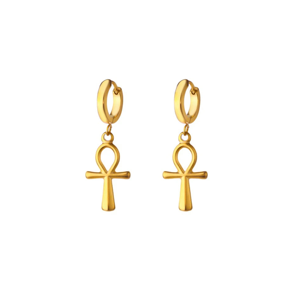 18K Gold Plated Portrait Coin Earrings | Stainless Steel Jesus Cross Dangle Huggie Ear close-up view