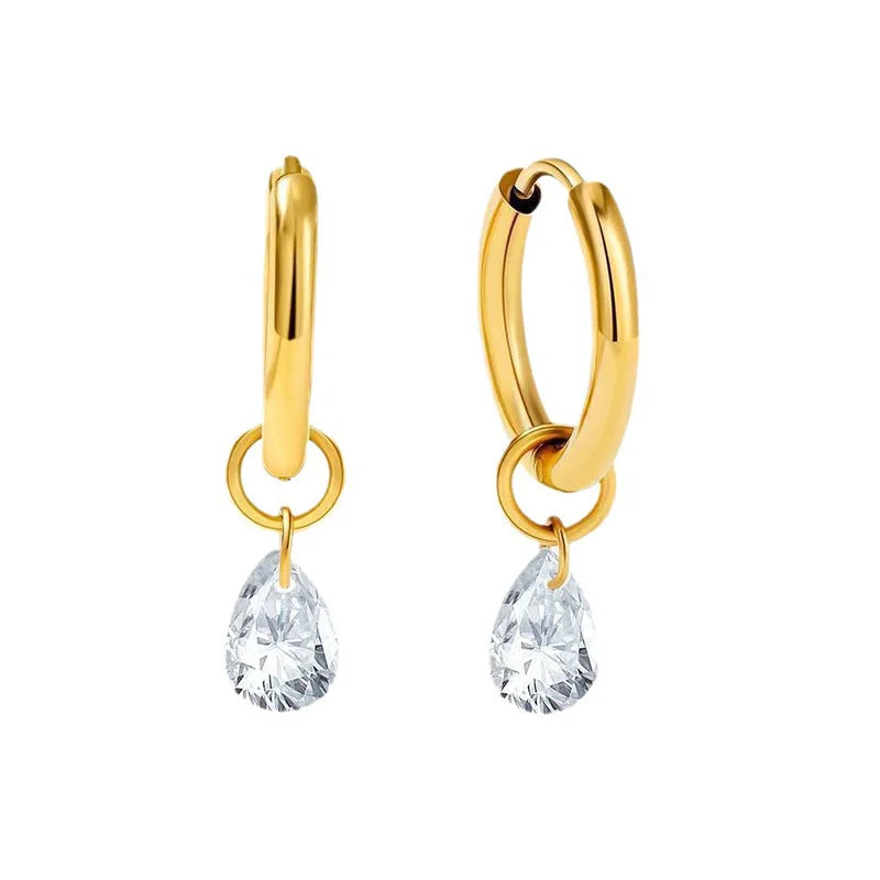 Stainless Steel Waterdrop Zircon Hoop Earrings for Women Men Gold Color Silver Color lifestyle view