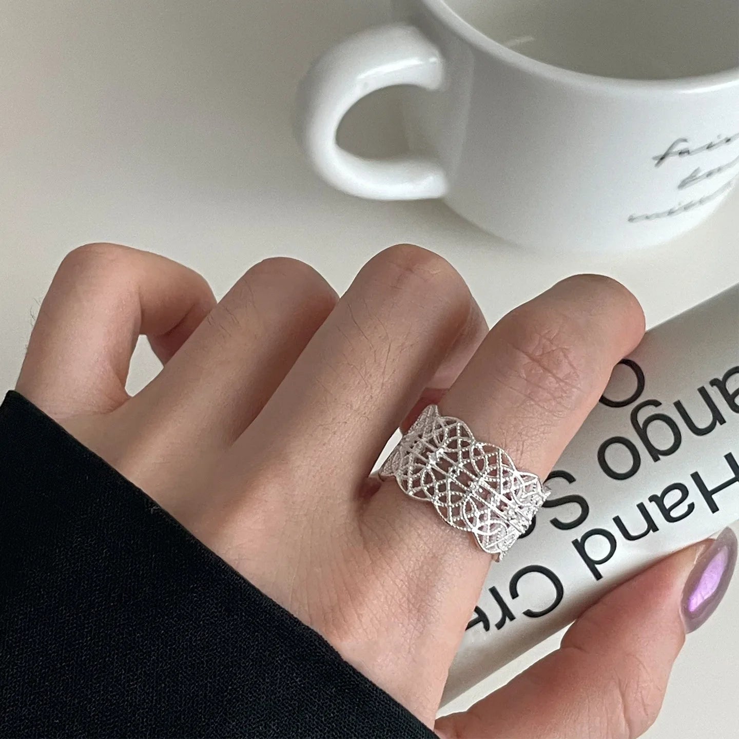 PANJBJ 925 Sterling Silver Pearl Irregular Ring for Women Shell Overlapping Hollow Sweet detail view