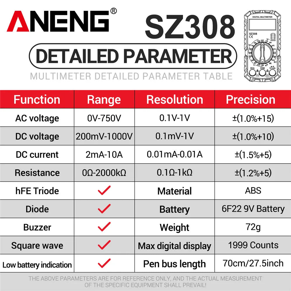 ANENG SZ308 Digital Multimeter AC/DC Current Meter Voltage Resistance Meter Electri additional angle