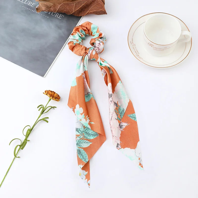 Fashion Flower Print Bow Satin Long Ribbon Ponytail Scarf Tie Scrunchies Women Girl additional angle