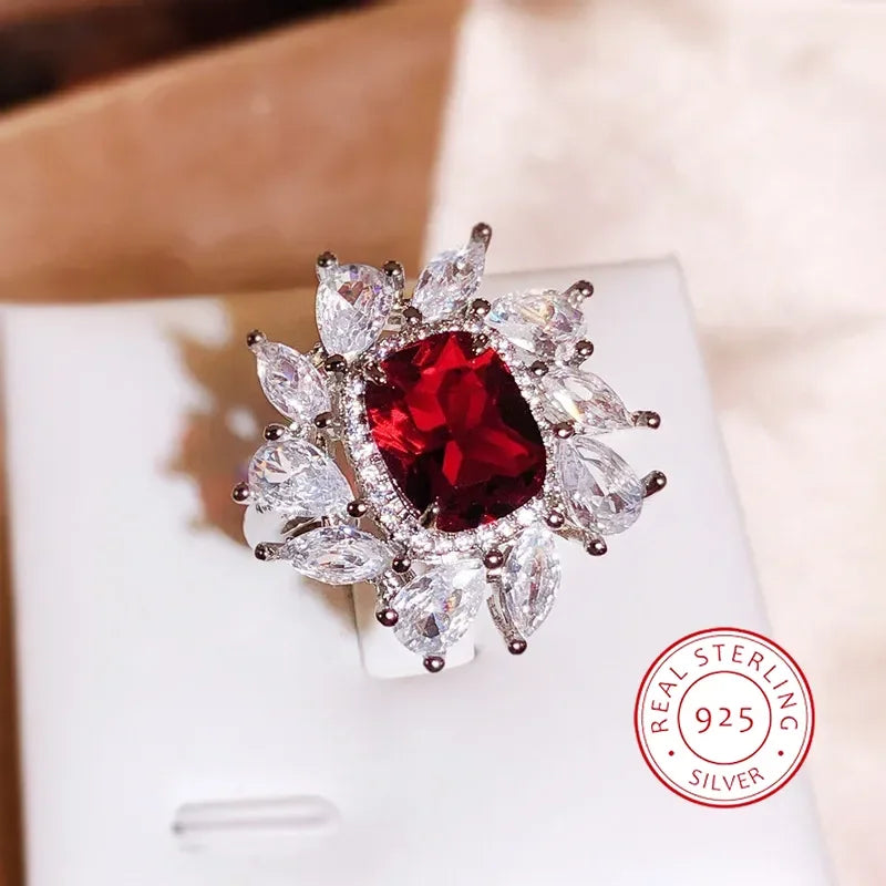 925 Silver New Colorful Square Zircon Ring Female Fashion Full Diamond Water Drop Zircon Ring Party