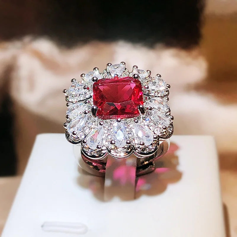Fashion Red Zircon Paraiba Ring 925 Silver Simple Geometry Zircon Ring For Women Party close-up view
