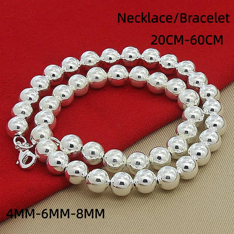 925 Sterling Silver Round Bead Chain Necklace 4/6/8mm Smooth Ball Beads 40-60CM Choker Necklaces for