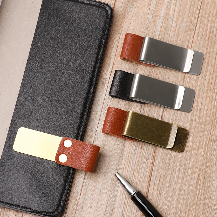Handmade Leather Brass Stainless Steel Pen Holder Clip Journal Notebook Paper Folder alternate view