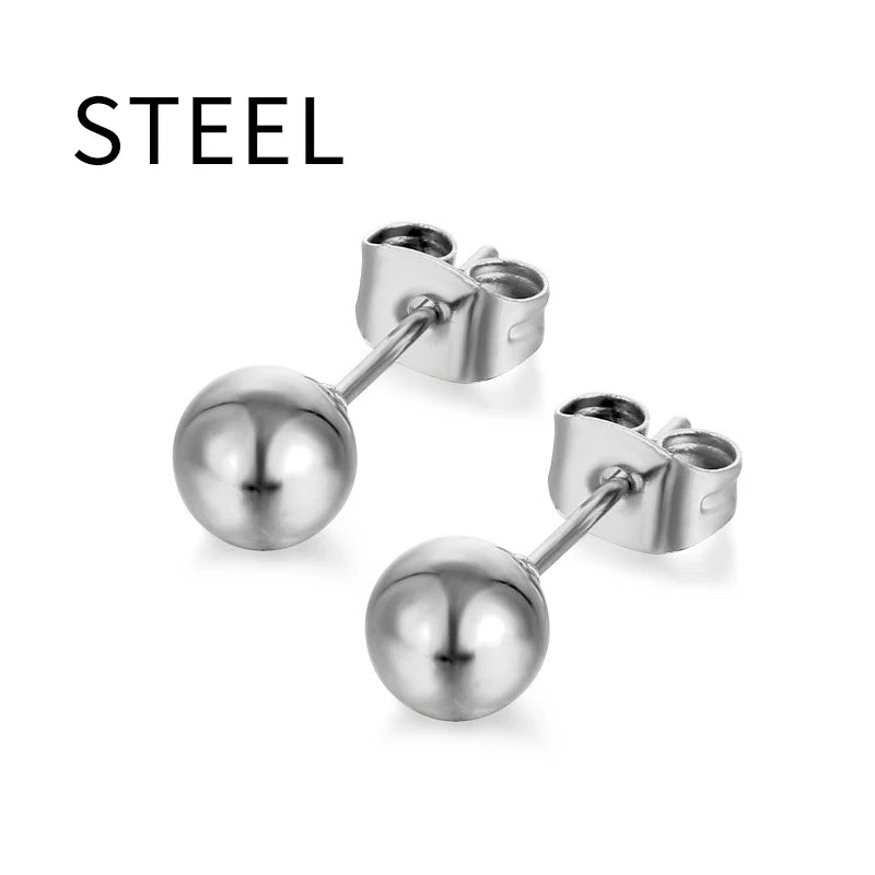 3-7mm Round Ball Stainless Steel Stud Earrings | Unisex Fashion Jewelry Gift close-up view