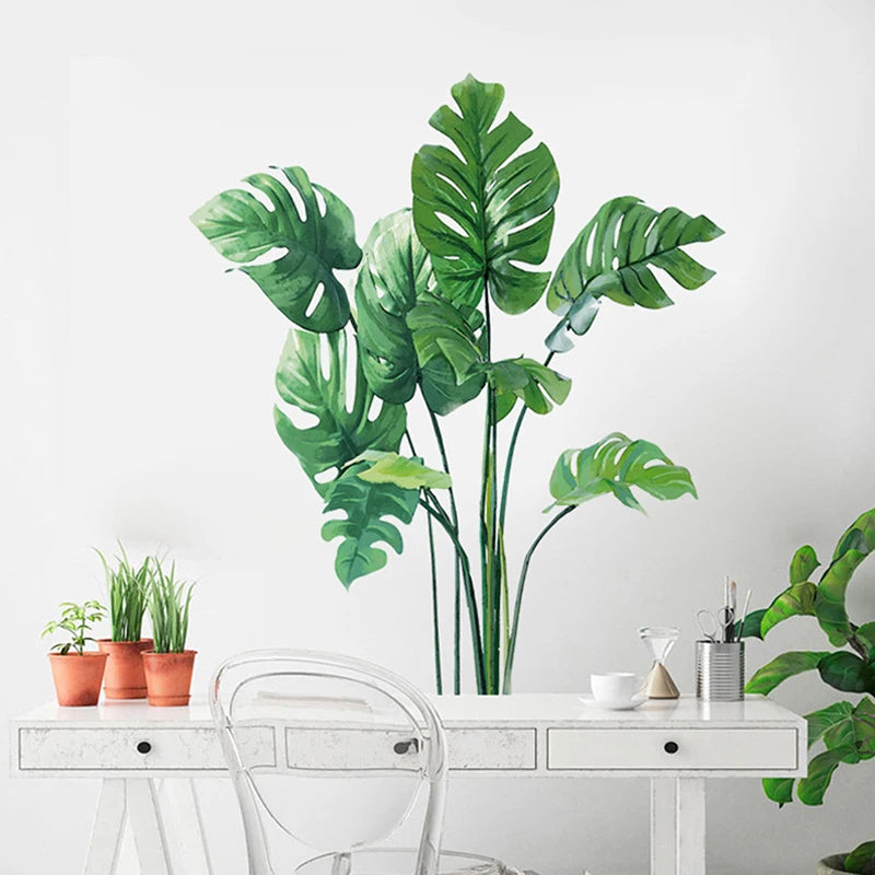 Large Tropical Green Plant Leaves Wall Stickers | Home Room Decor Palm Decal