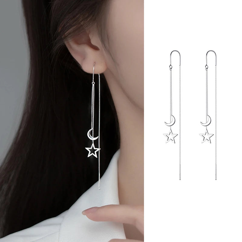JWER S925 Silver Needle Star Line Earring for Women Tassel Drop Earring Long Chain Bea close-up view