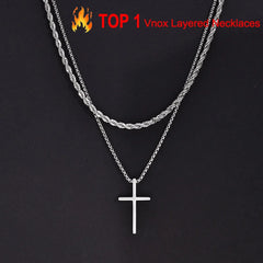 Men's Stainless Steel Layered Cross Necklace | Simple Prayer Pendant with Rope Box Chain