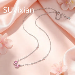 925 Sterling Silver Stylish Sweet Pink Bow Zircon Necklace Birthday Party Anniversary close-up view
