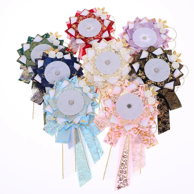 Big Bow Anime Badge Display Rosette With Gold Accents And Butterfly Decor Perfect For Cosplay Events