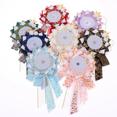 Big Bow Anime Badge Display Rosette With Gold Accents And Butterfly Decor Perfect For Cosplay Events