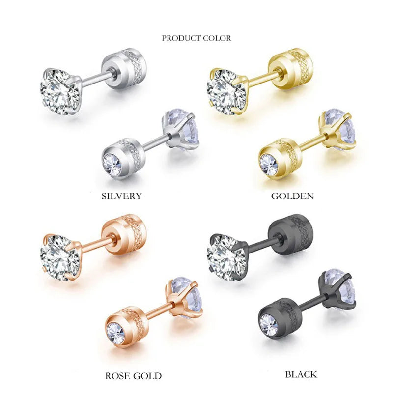 2pcs 20G Hypoallergenic Titanium Steel Stud Earrings for Men Women, Zircon Screw Back Ea detail view