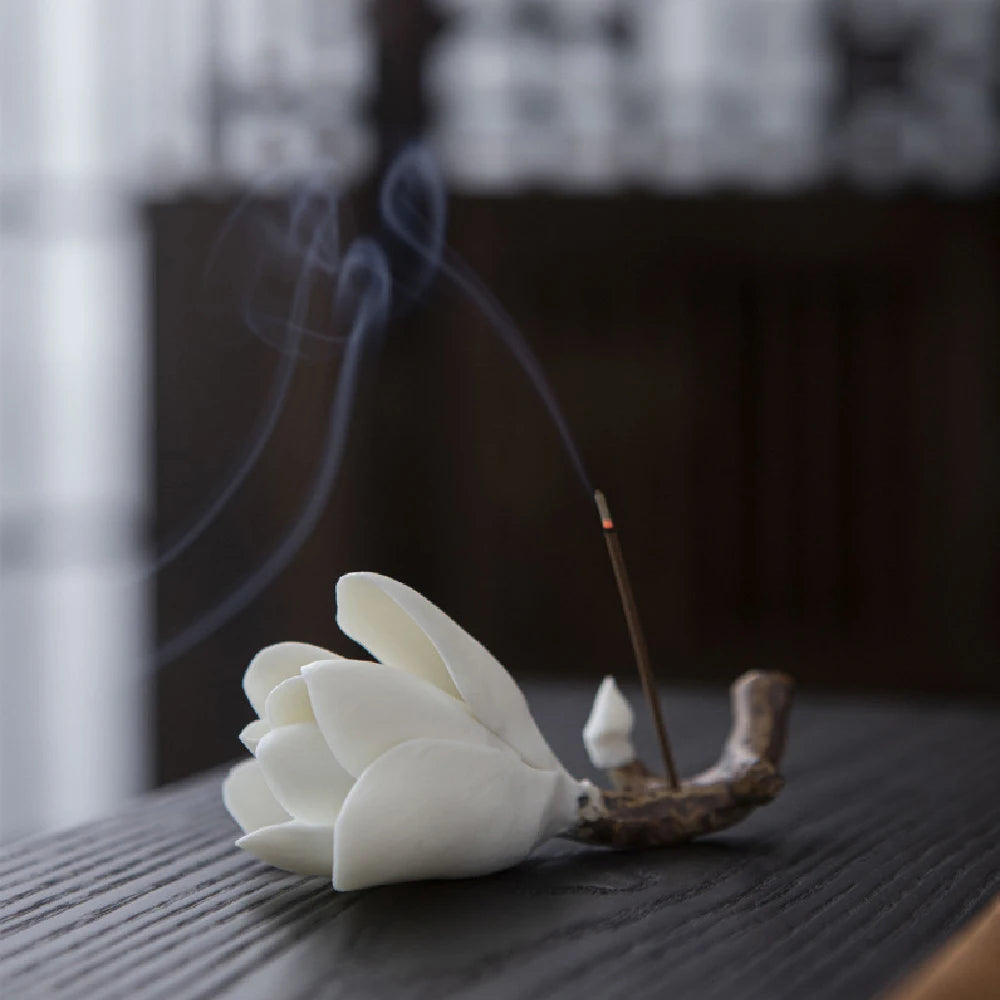 Ceramic Magnolia Flower Incense Holder | Handmade Zen Decor