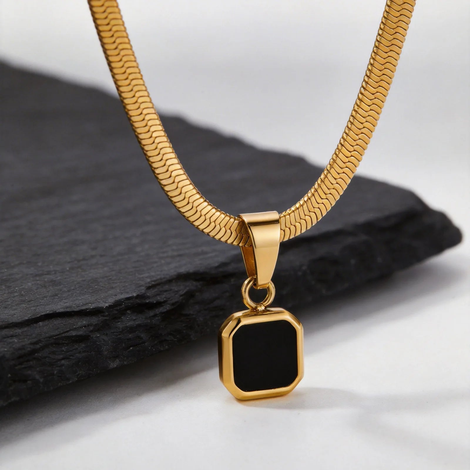 Men's Geometric Stone Pendant Necklace | Stainless Steel Blade Chain close-up view
