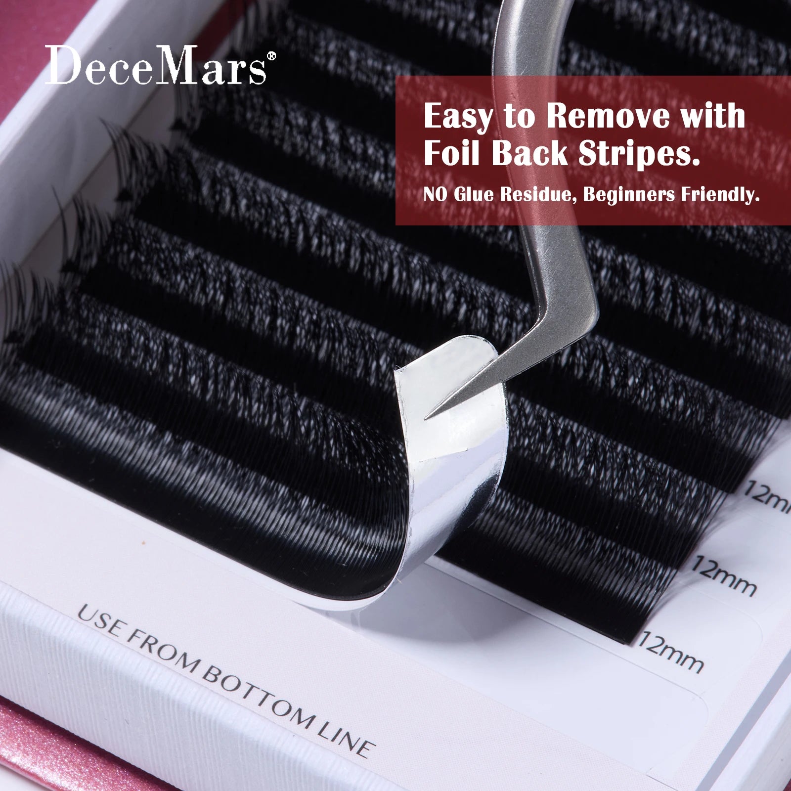 DeceMars V-Shaped 3D Eyelash Extensions | Matte Black 12 Rows Tray close-up view