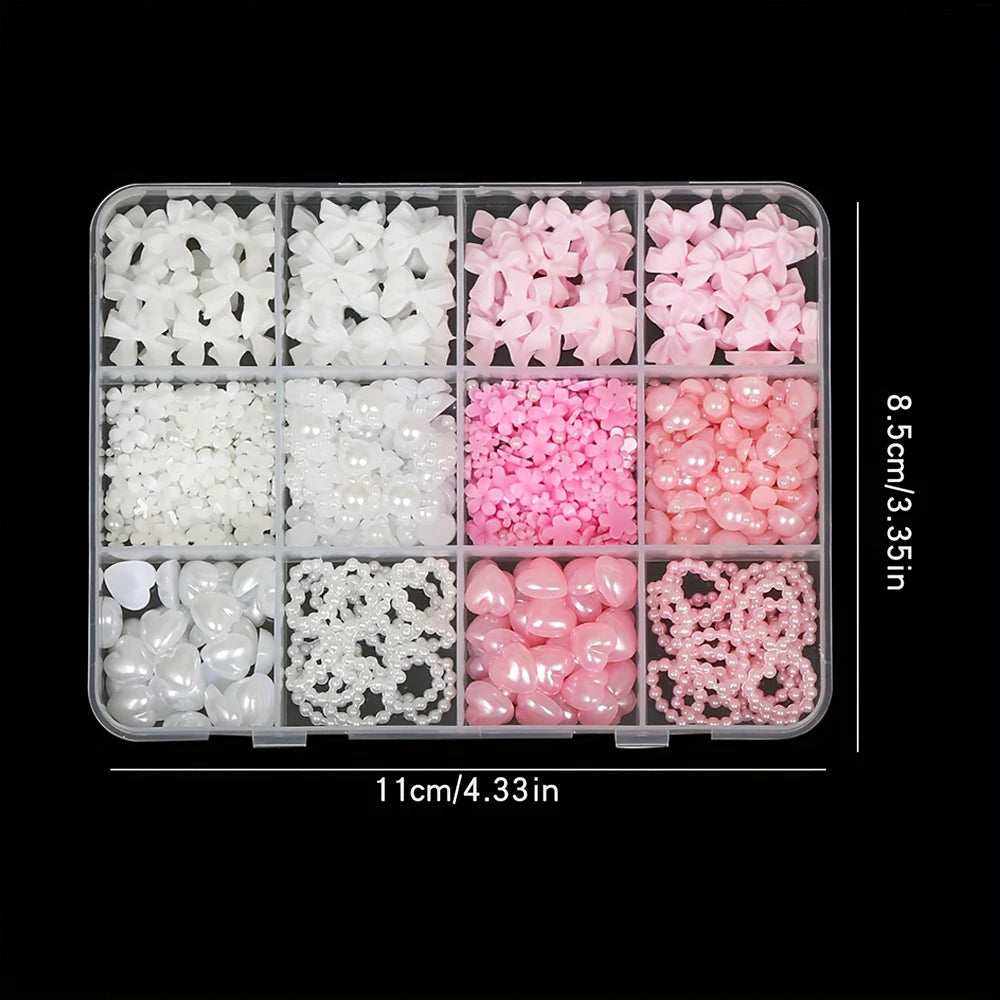 500PCS 3D Nail Art Decoration Kit with Resin Bows, Flat Back Pearls, and Assorted Shapes detail view