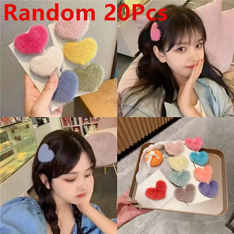 20Pcs/Lot Autumn Winter Women Hair Accessories Candy Color Plush Love Heart Shaped Bangs Hairpins Cute Hair Clip Girls Headdress