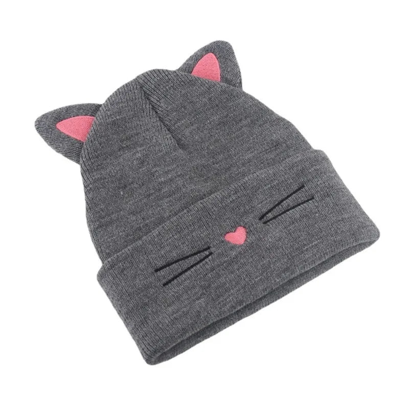 Baby Cartoon Cat Ears Knitted Hat | Warm Cotton Beanie for Toddlers close-up view
