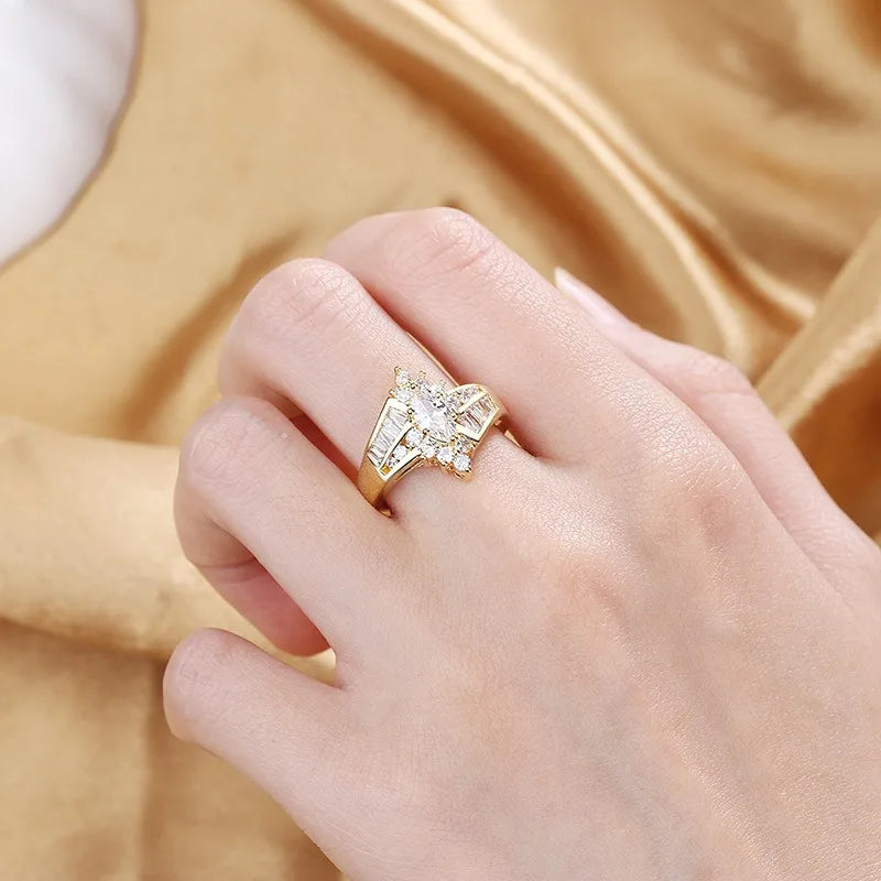 Fashion Couple Rings Women Marquise Cut Crystal CZ Ring Men's Two Rows CZ Stone Sta additional angle