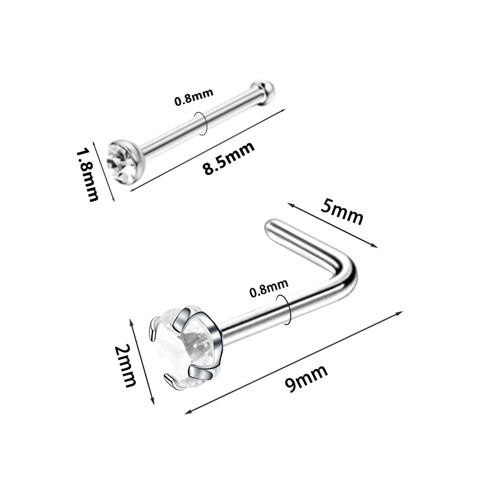 1/4/8PCS 20G 316L Stainless Steel Zircon Nose Piercing Stud for Women Men, L Shape No alternate view