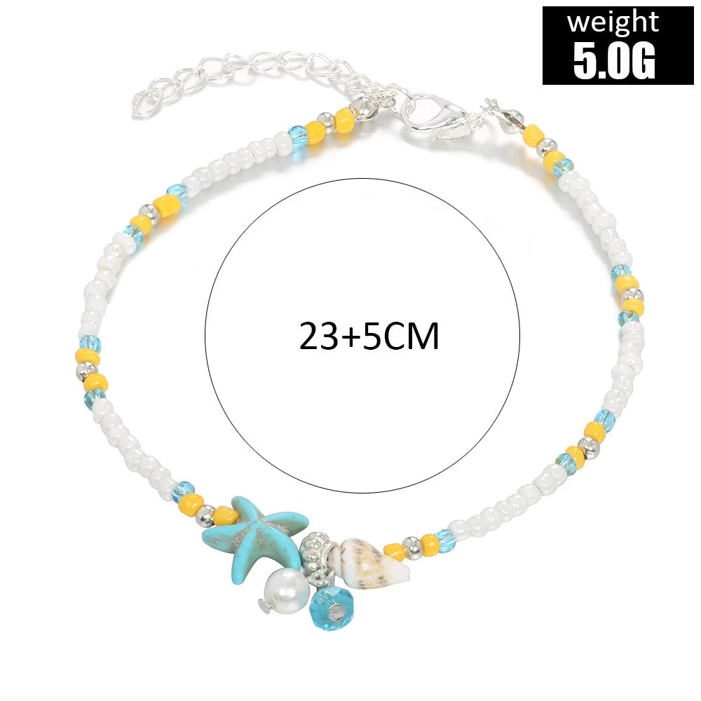 1Pc Boho Turquoise Starfish Anklets Summer Conch Rice Bead Anklet With Adjustable C additional angle