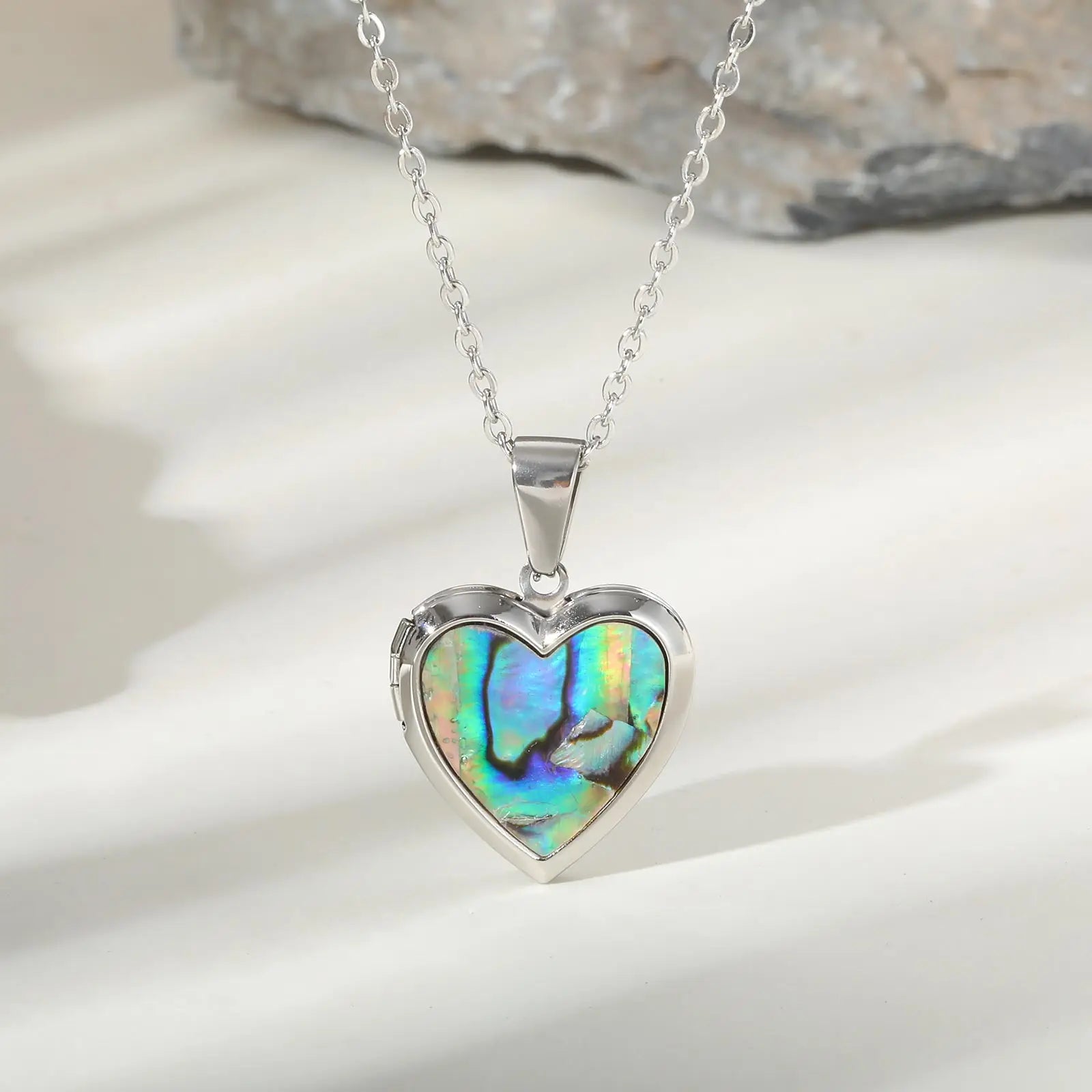 Custom Photo Heart Pendant | Abalone Shell Stainless Steel Necklace detail view