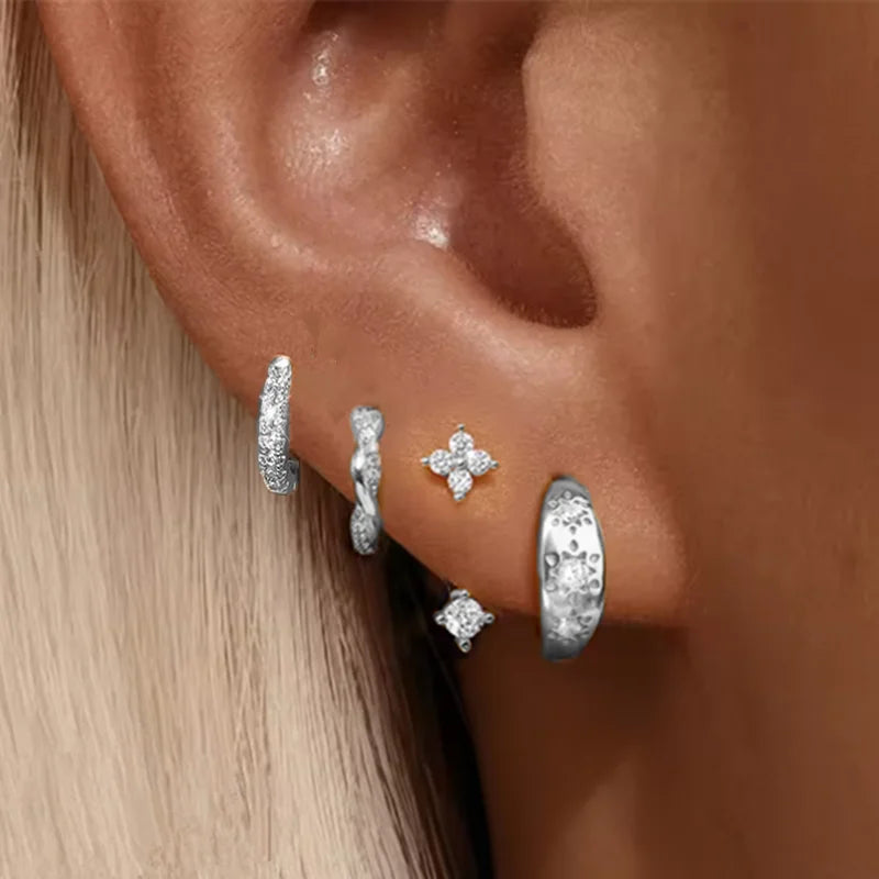 4PCS Fashion Stainless Steel Zirconia Star Huggie Hoop Earrings Set for Women Curious alternate view