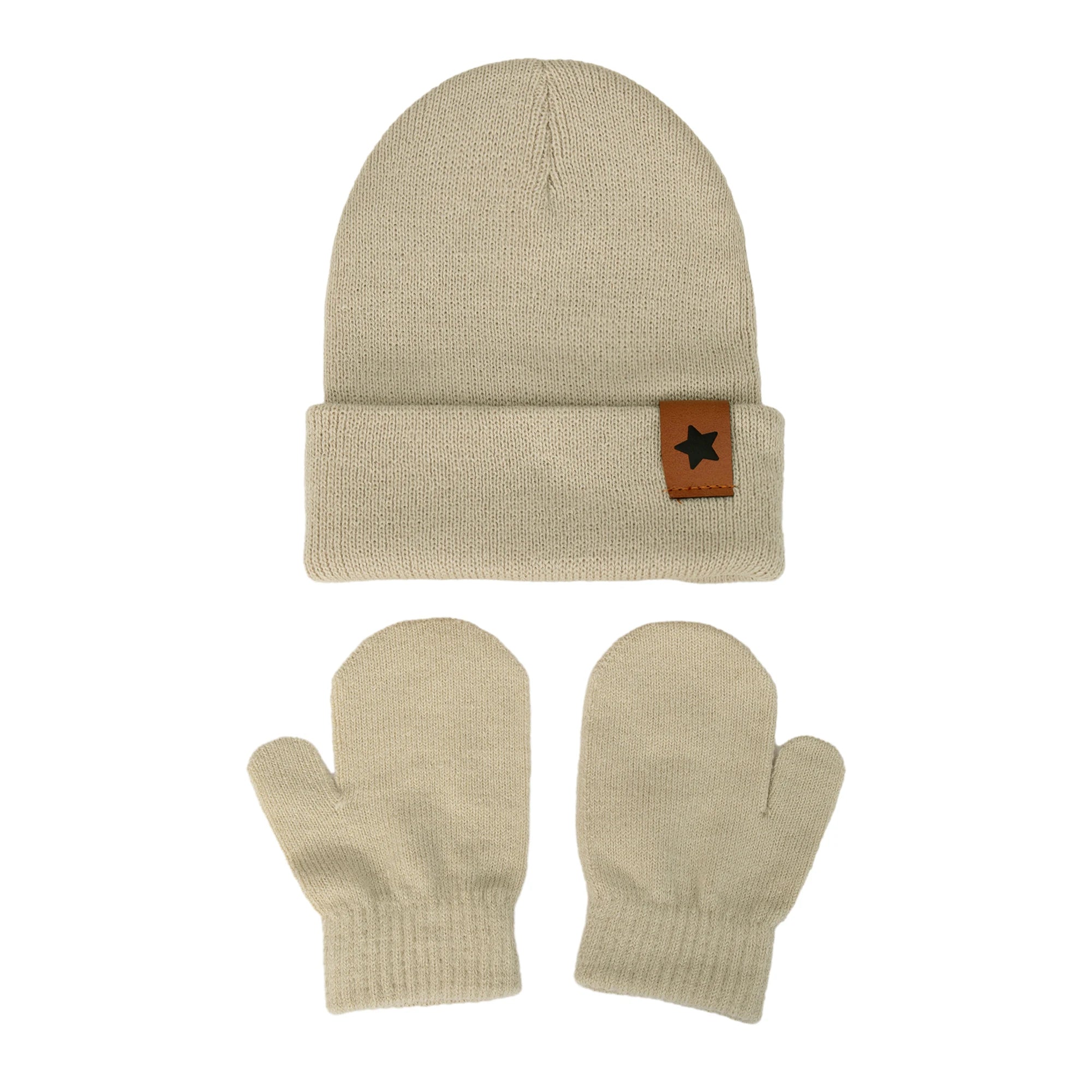 Baby Knitted Hat and Glove Set | Solid Winter Turban with Leather Star Tag lifestyle view