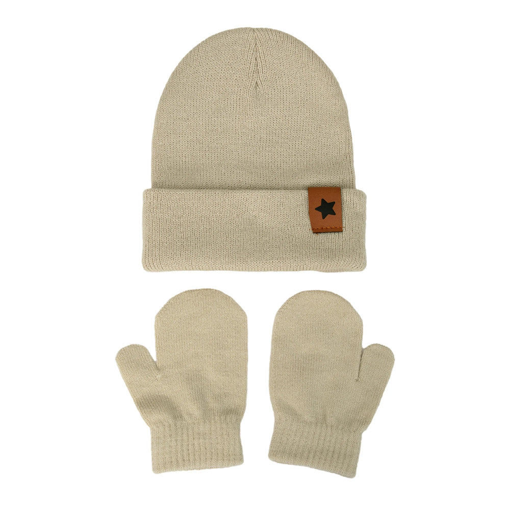 Baby Knitted Hat and Glove Set | Solid Winter Turban with Leather Star Tag lifestyle view