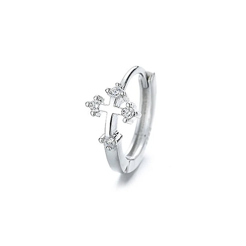 CIAXY Silver Color Cross Ear Hoop Earrings for Men and Women Couples Personality Zircon Ear Buckle Punk Jewelry