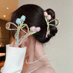 New Tulip Flower Hair Clip Back Head Grab Clip Fashion Ponytail Fixed Hairpins Simple close-up view