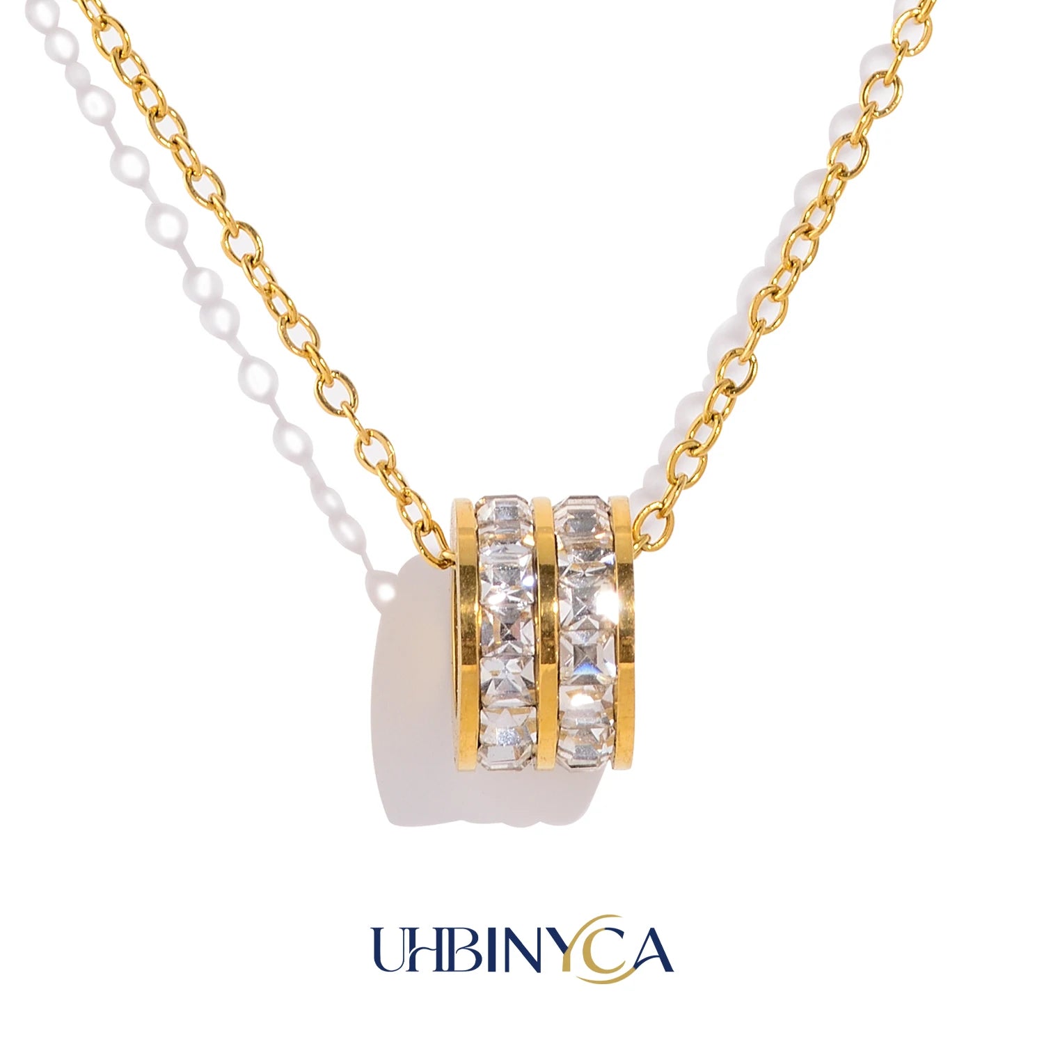 Double Row CZ Pendant Necklace 18K Gold Plated Stainless Steel Waterproof Hypoallergenic Elegant Par