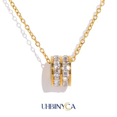 Double Row CZ Pendant Necklace 18K Gold Plated Stainless Steel Waterproof Hypoallergenic Elegant Par