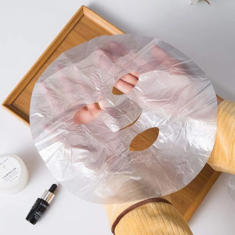 Disposable Facial Mask Wrap | Transparent Plastic Face and Neck Sticker close-up view