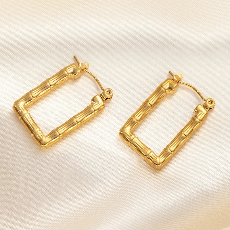 ANENJERY 316L Stainless Steel Hollow Square Texture Drop Earrings | Hypoallergenic Geome detail view