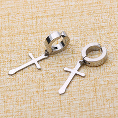 Fashion Titanium Steel Cross Ear Clip Earrings For Men Women Stainless Steel Punk Black Single Earring Fake Earrings Jewelry