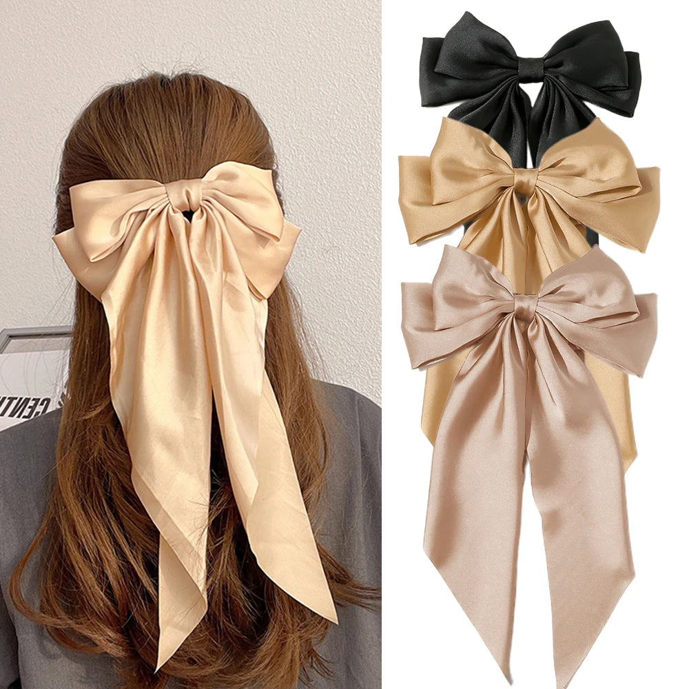Korean Accessories Hair Clips for Women Girls Big Bowknot Solid Satin Long Ribbon Bows S detail view