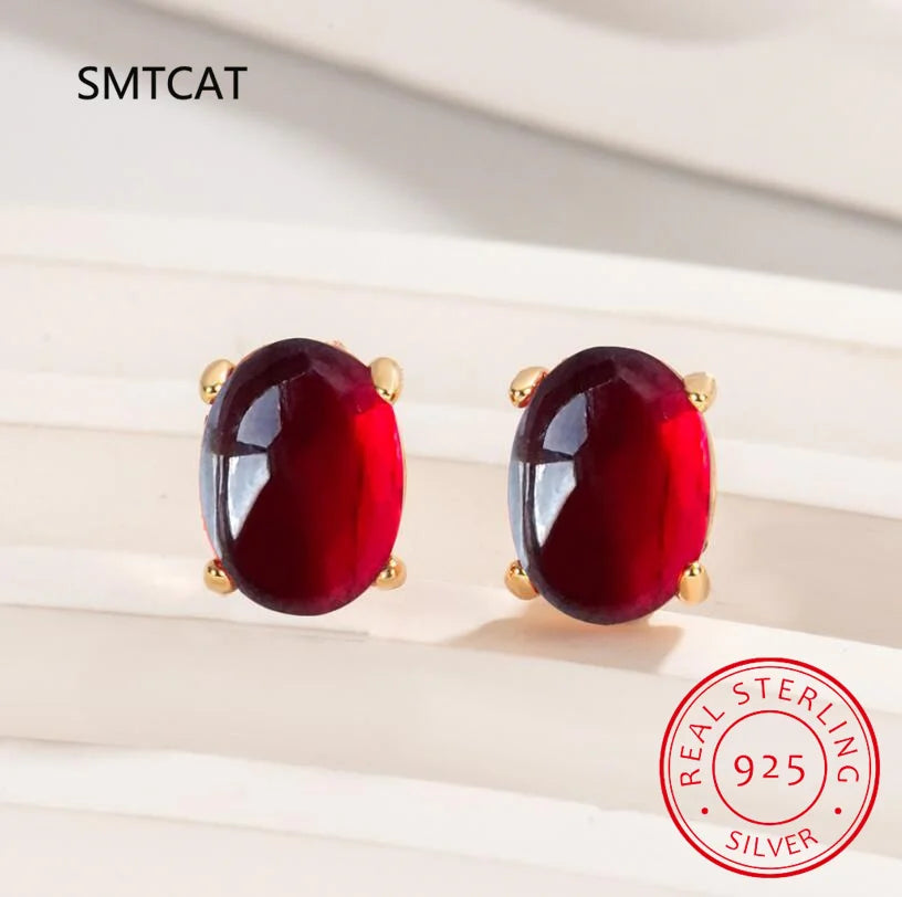 Oval Cut Red Genuine Natural Garnet Ruby 925 Sterling Silver Stud Earring for Women Fa close-up view