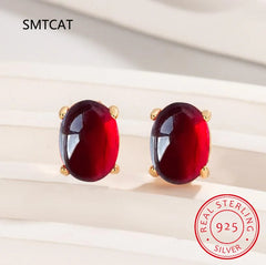 Oval Cut Red Genuine Natural Garnet Ruby 925 Sterling Silver Stud Earring for Women Fa close-up view