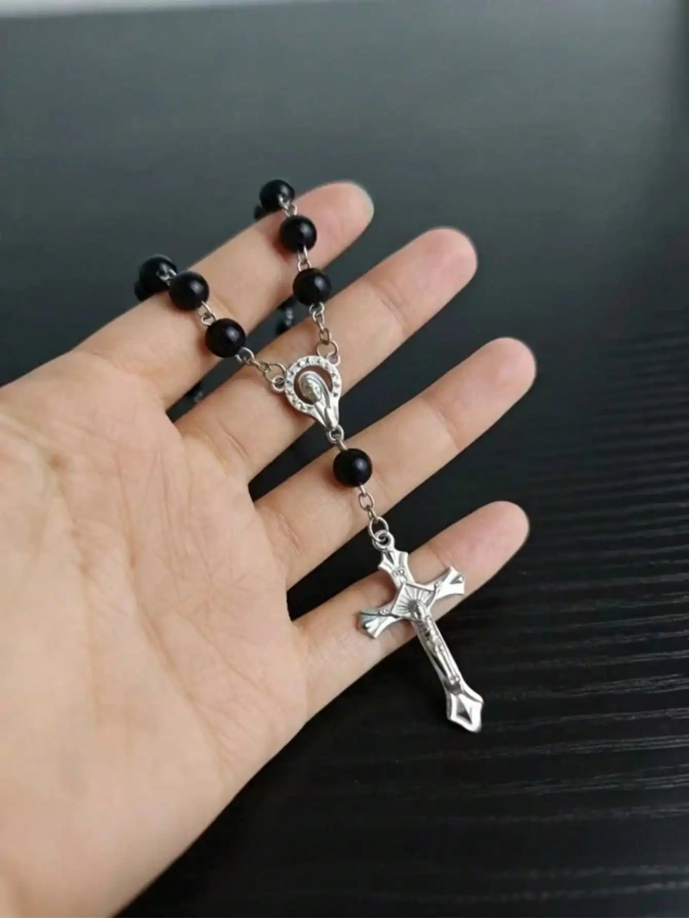 Black Rosary Cross Car Rearview Mirror Pendant, Exquisite Beaded Ornament, Car Interi lifestyle view