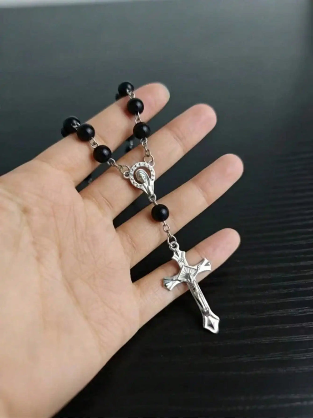 Black Rosary Cross Car Rearview Mirror Pendant, Exquisite Beaded Ornament, Car Interi lifestyle view