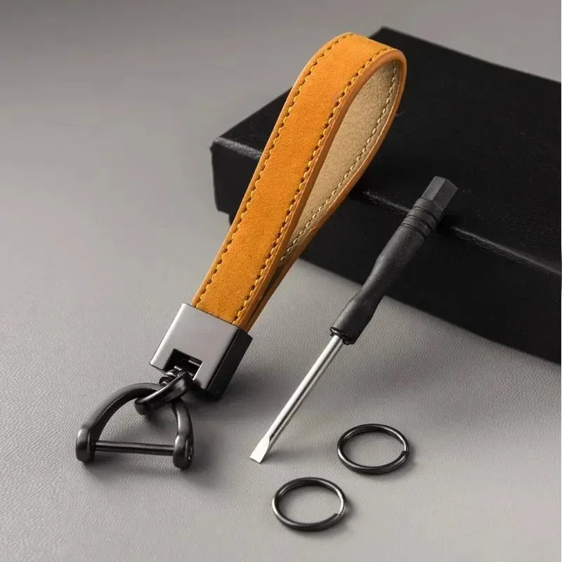 Luxury Genuine Leather Car Keychain | Pure Color Key Ring with Metal Buckle detail view