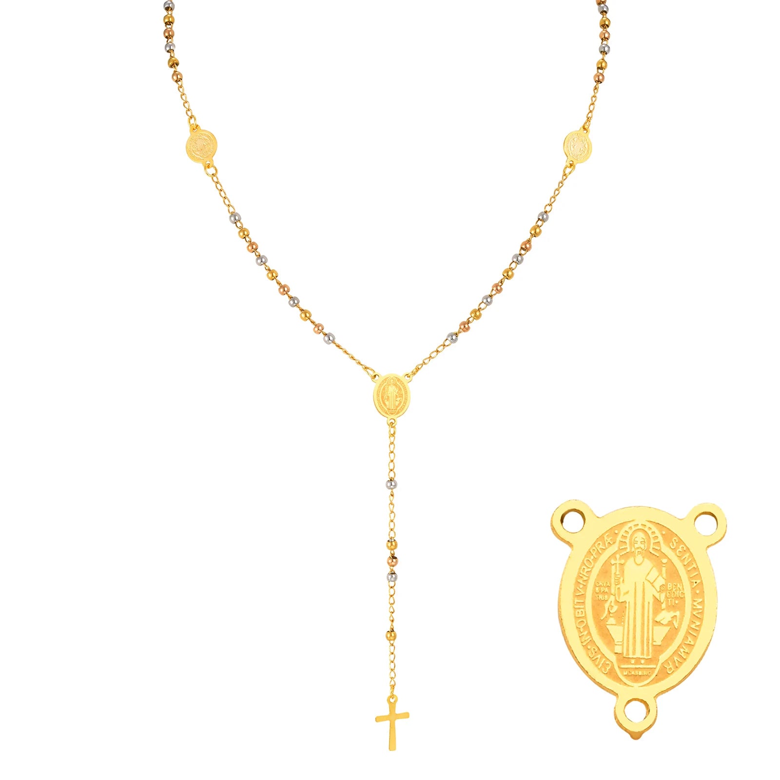 Prjewel Stainless Steel Three-Color Beaded Cross Pendant Y-Necklace | Faith-Inspired alternate view