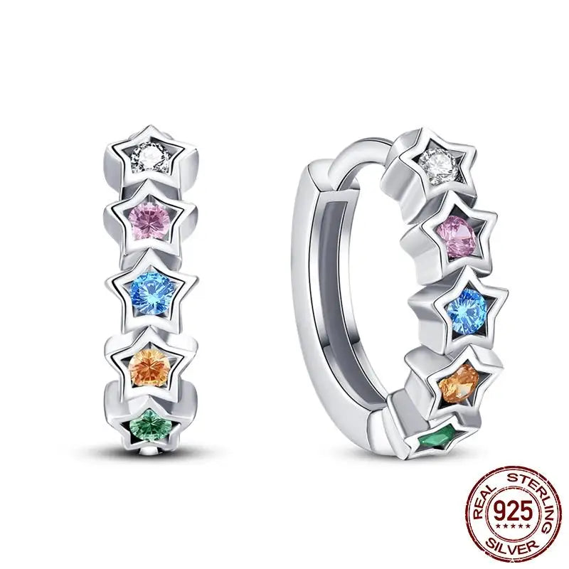 Luminous Shell Women Earrings Original 925 Sterling Silver Pave CZ Star Moon Hoop Earrings Engagement Wedding Jewelry