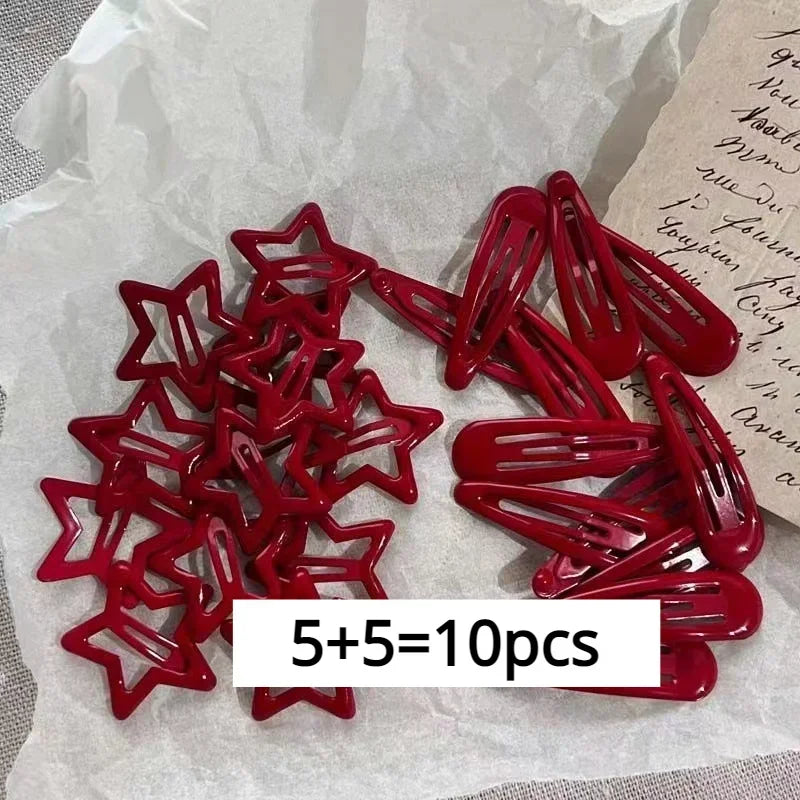 10 Pcs/Lot New Red Star Snap Clip for Girl Waterdrop Barrettes Black Hairpin Women Silver Hair Clip Accessories Kawaii BB Clip