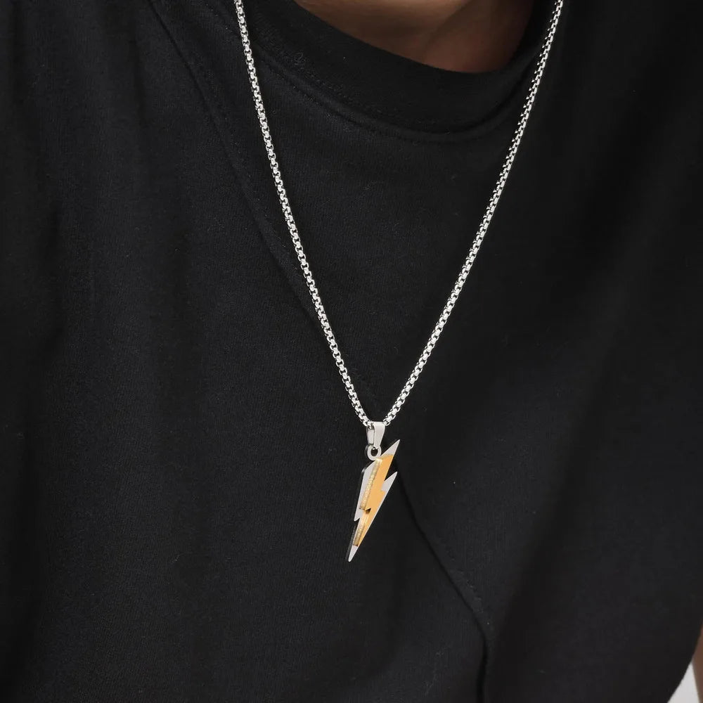Trendy Lightning Stainless Steel Necklaces for Men,Two Color Lightning Pendant Necklace, detail view
