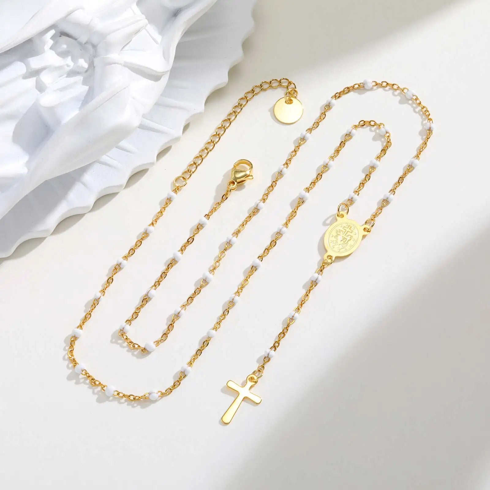 Stainless Steel Rosary Virgin Cross Drop Y-shaped Necklace,Women's White Rice Bead Ch lifestyle view