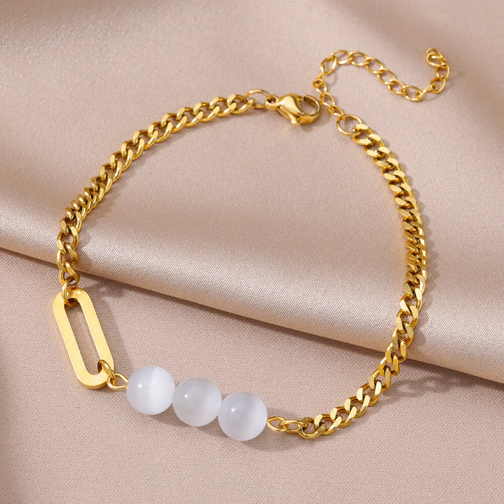 Anklets for Women Summer Beach Accessories Stainless Steel Imitation Pearl Chain Ankle close-up view